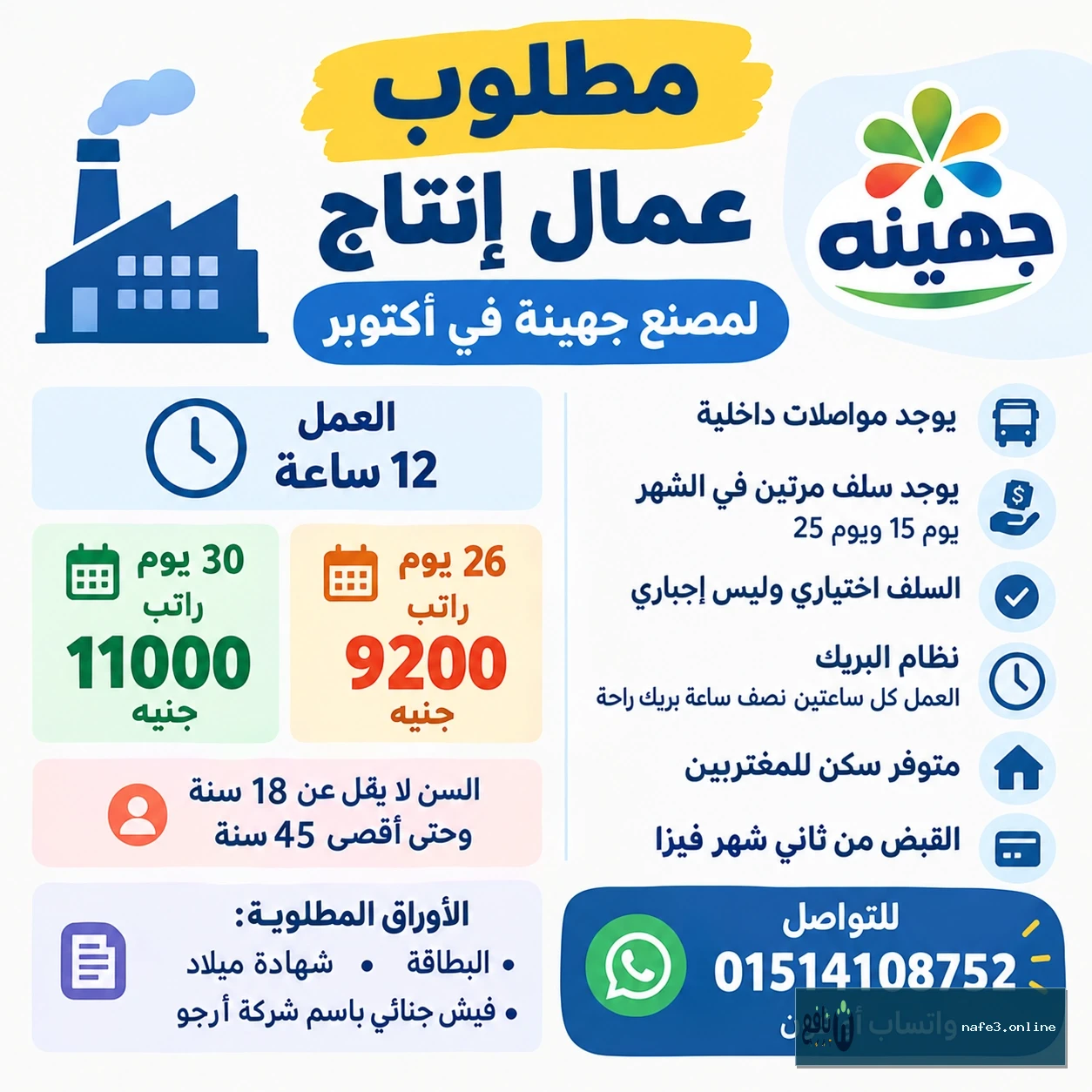 مطلوب عمال إنتاج لمصنع جهينة في أكتوبر