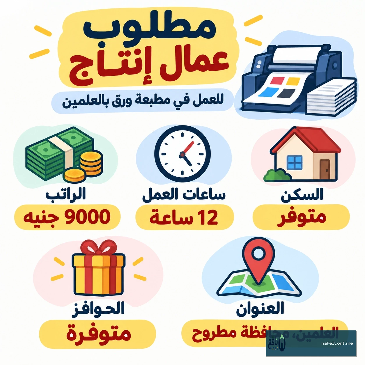 مطلوب عمال إنتاج للعمل في مطبعة ورق بالعلمين.