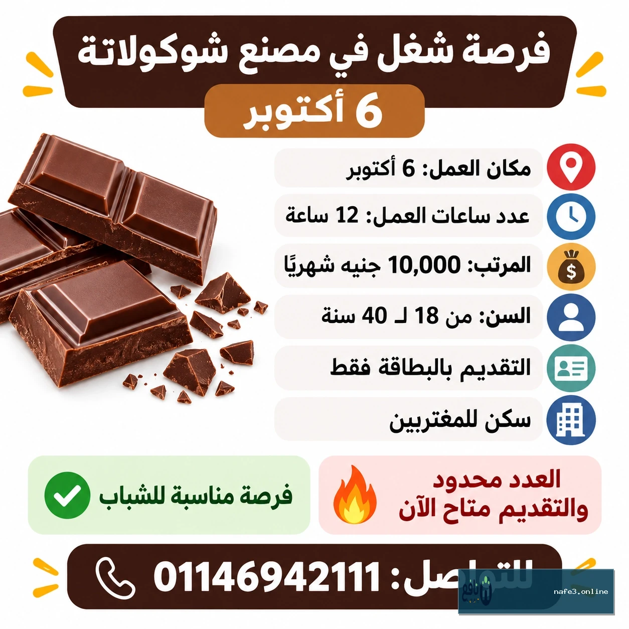 فرصة شغل في مصنع شوكولاتة – 6 أكتوبر 🍫
