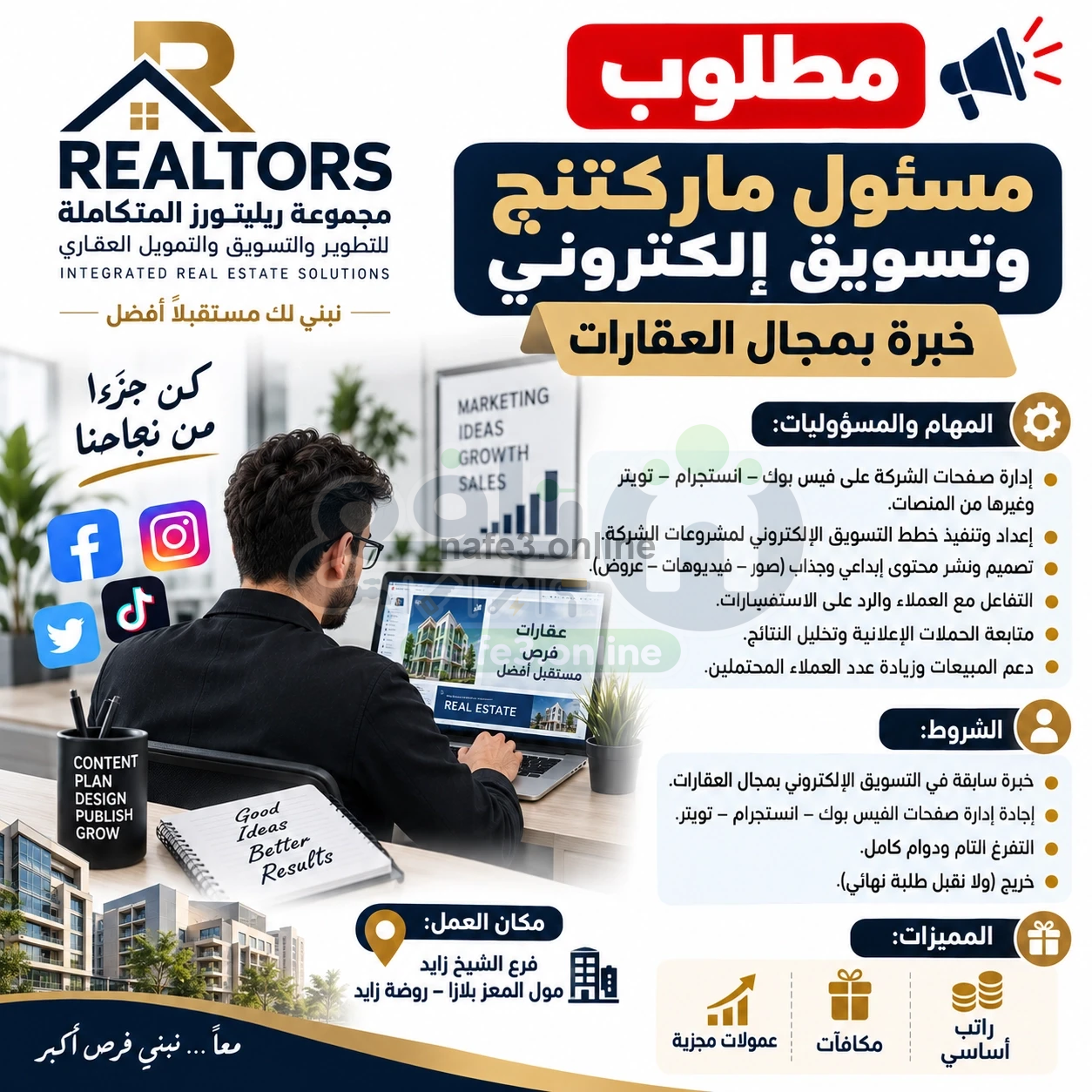 مطلوب مسئول ماركتنج وتسويق الكتروني خبره بمحال العقارات