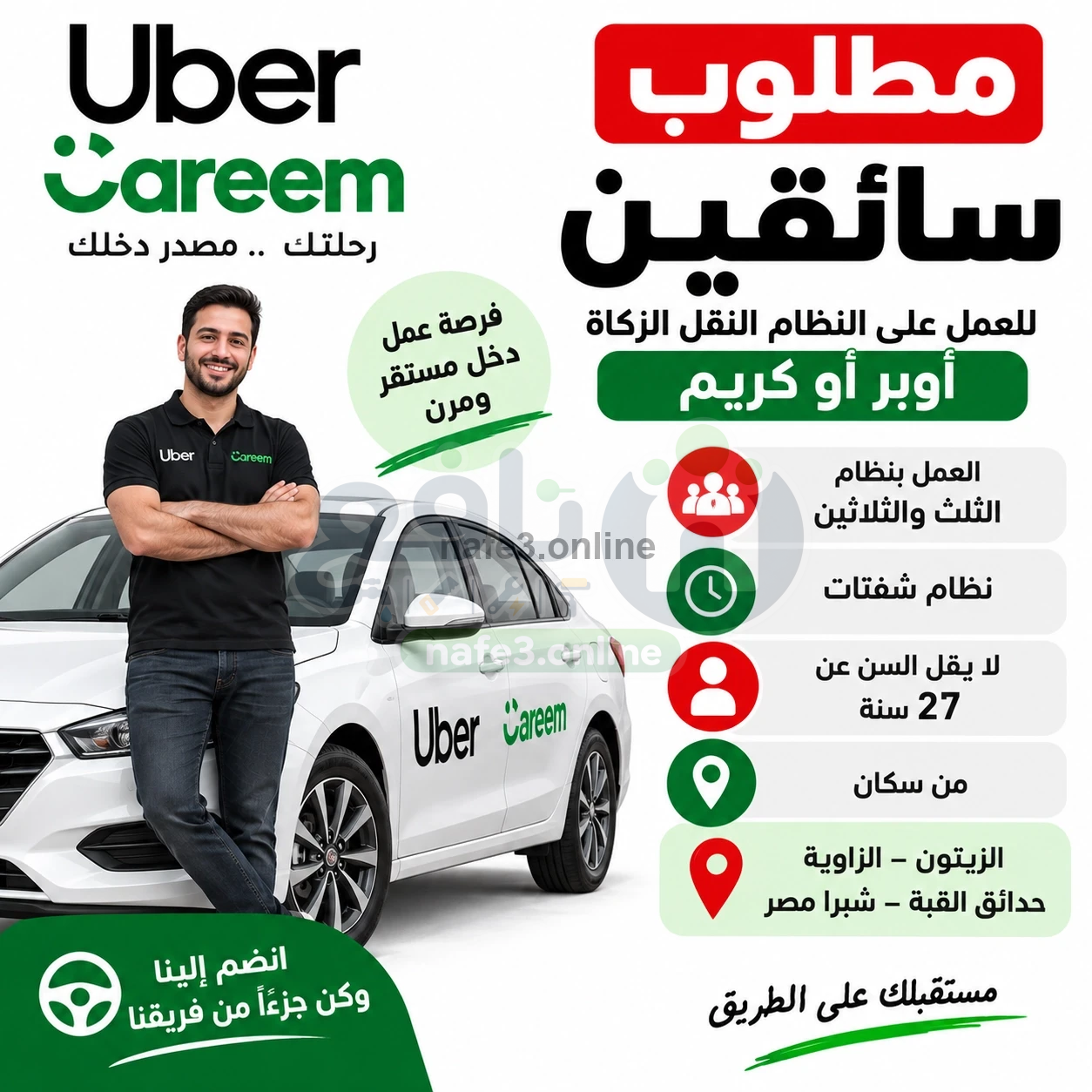 مطلوب سائقين للعمل على النظام النقل الزكاة اوبر او كريم